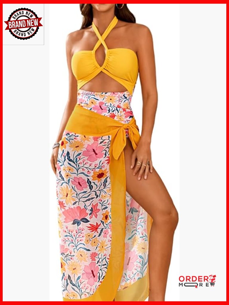 Cutout One Piece Swimsuit W/ Matching Sarong Wrap, Halter Neck, Removable Pads